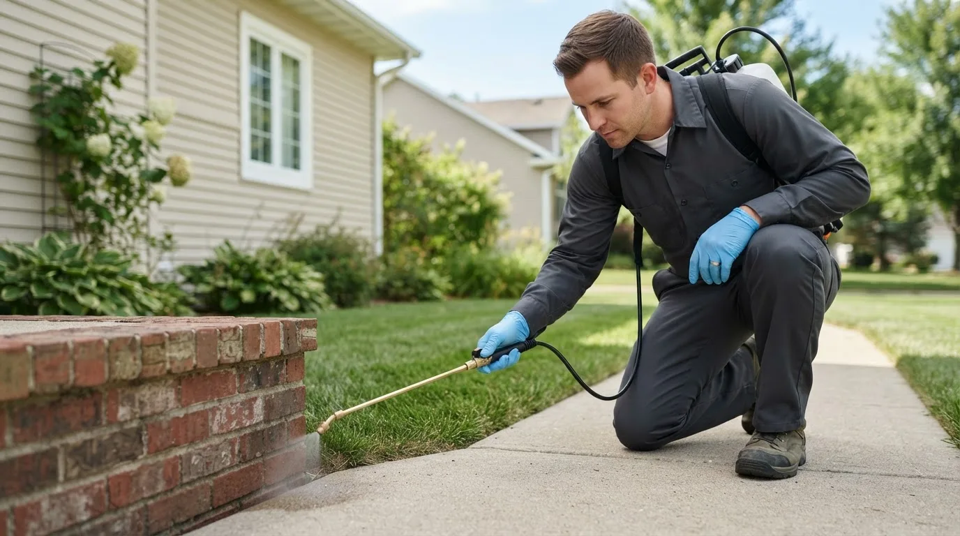 Pest control technician treating a home near Manitou Beach, MI