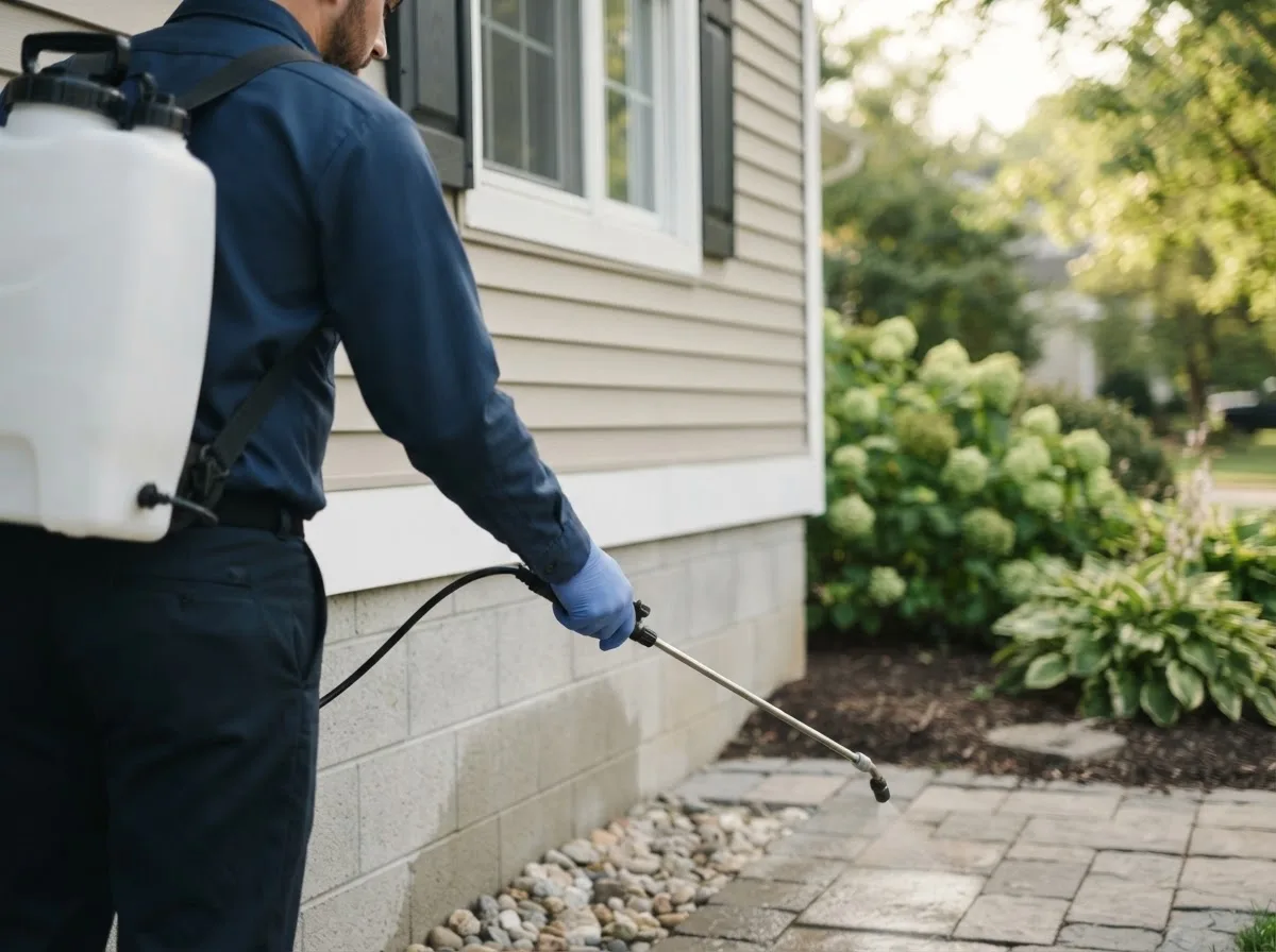 Pest control technician inspecting a home in Manitou Beach, MI